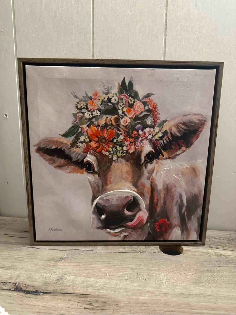 Whimsical Floral Crown Cow Canvas & wood Art - Beige & Pink